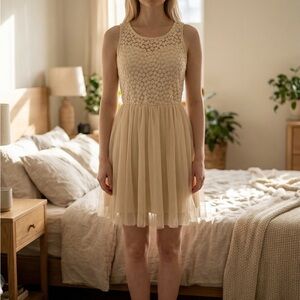 Finesse Sleeveless Lace Bodice Tulle Mini Dress in Beige